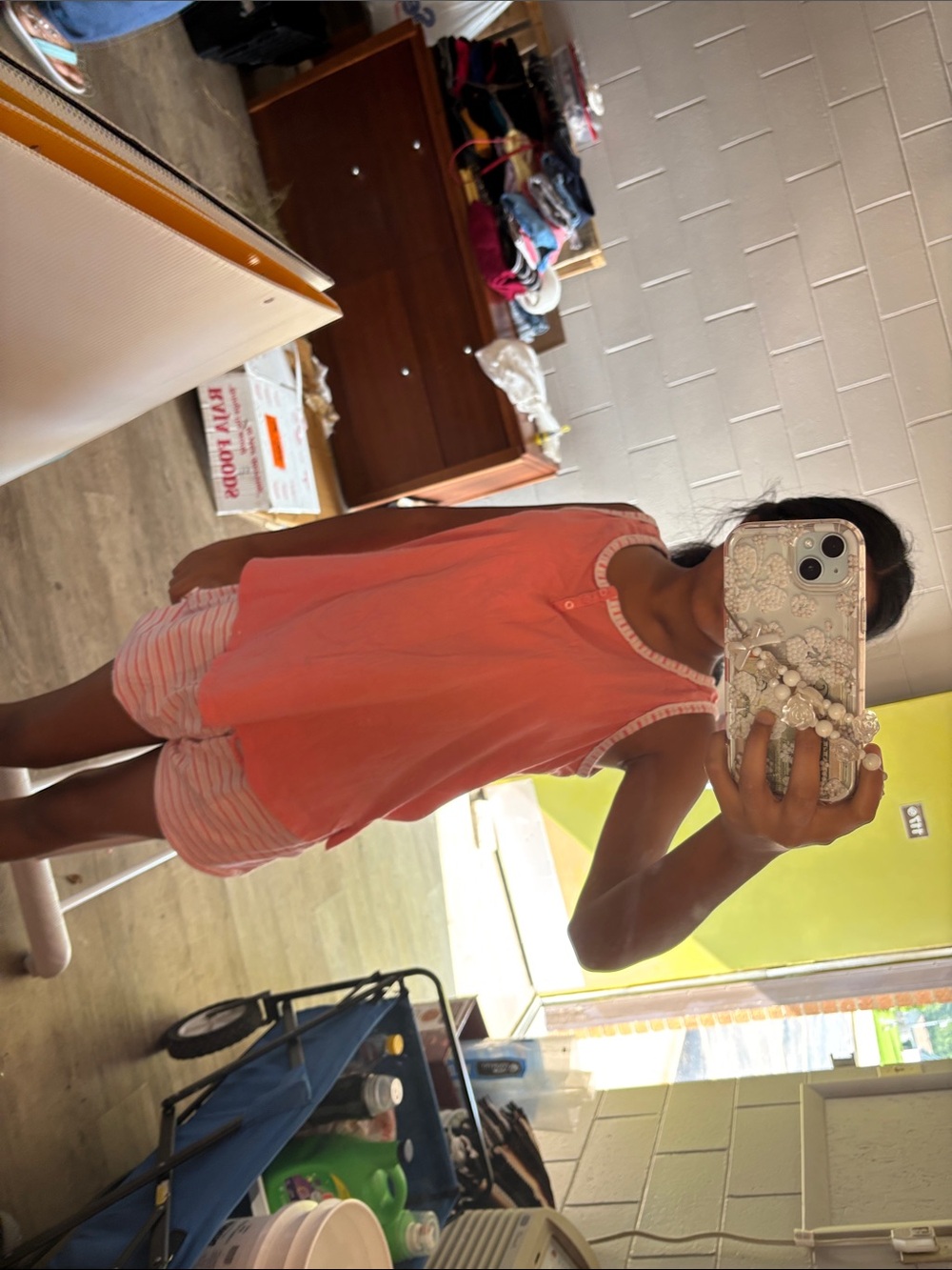 Girls Coral Pink Sleeveless Pajama Set with Striped Shorts